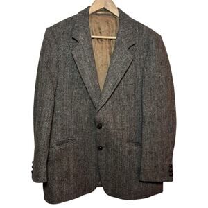 Harris Tweed Herringbone Handwoven 100% Scottish Wool Leather Buttons Blazer